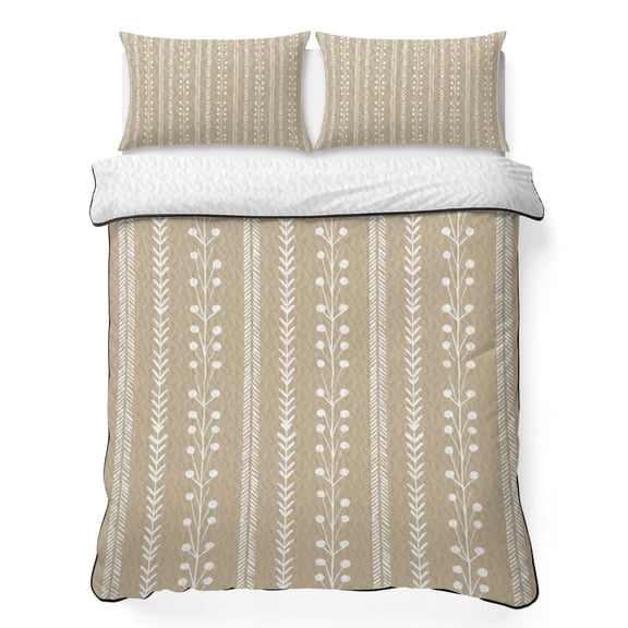 Beige Sand 3 Piece Quilt Bedding Set with 2 Pillow Shams, Minimalist Rustic Vertical Dashed Lines Shabby Chic Leaf Lightweight Bedspread Coverlet, Soft Breathable All Season Quilt, 68 x 86 Inch