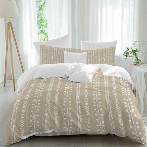 Beige Sand California King Duvet Cover Set, Minimalist Rustic Vertical Dashed Lines Shabby Chic Leaf 4 Piece Microfiber Bedding Set with Zipper, Bed Sheet and 2 Pillow Shams, Soft Bedding Cover