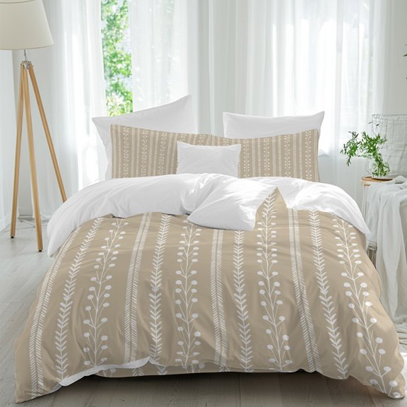 Beige Sand King Duvet Cover Set, Minimalist Rustic Vertical Dashed Lines Shabby Chic Leaf 4 Piece Microfiber Bedding Set with Zipper Closure, Bed Sheet and 2 Pillow Shams, Soft Bedding Cover