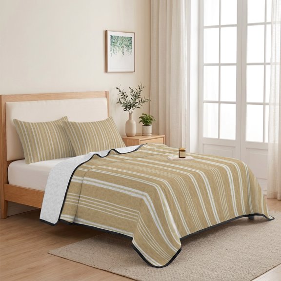 Beige Sand Minimalist Striped 3 Pieces Quilt Set,1 Quilt with 2 Shams,Neutral Geometric Lines Bedspread Soft Lightweight Bedding Coverlet Comforter Set for All Season 68"x98"