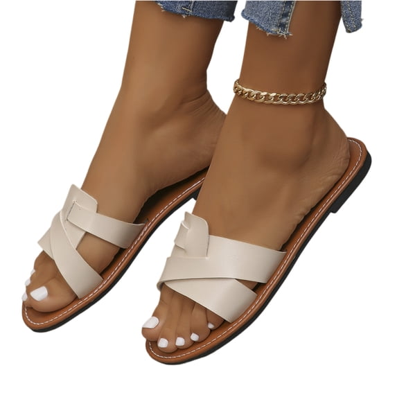Beige Sandals for Women Fashion Flat Slide Sandals, Square Open Toe Slip On PU Leather Slides Footwear - Mules Women's Sandals for Beach Shopping Dressy 9