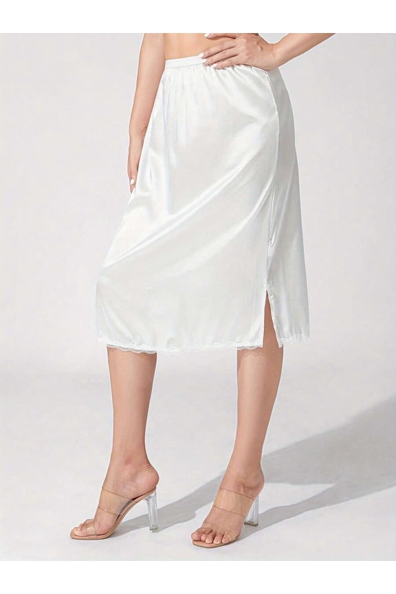 Beige Satin Half Slip With Lace Hem And Side Slit For Women