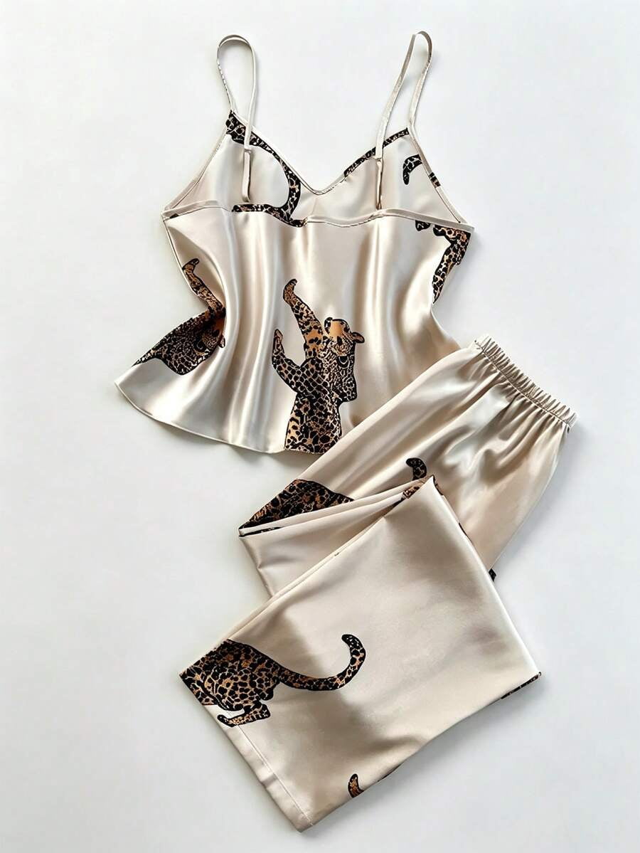 Beige Satin Leopard Print Sleepwear Set Sleeveless Top And Short Pajama ...