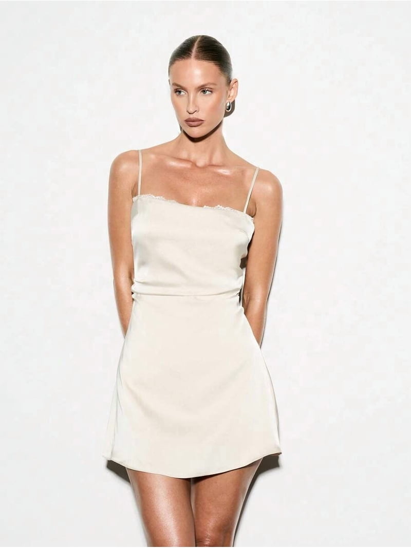 beige slip dress satin With Delicate Lace Trim Spaghetti Strap Mini A-Line Evening Party Dress, Women's, Size: Small crochet beach dress Sherri Hill 52582 Dress Size:US 13.5 Imported.
