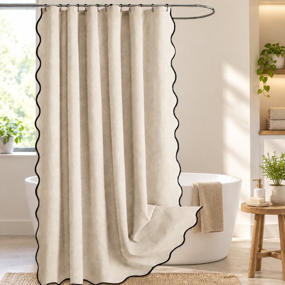 Beige Scalloped Linen Shower Curtain 72x72 Inches | Waterproof, Washable, Linen Texture, 12 Metal Hooks, Heavy Duty with Black Border