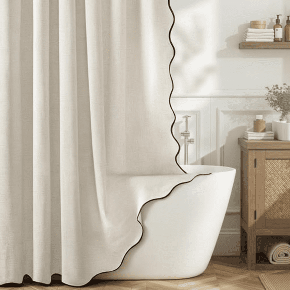 Beige Scalloped Linen Textured Shower Curtain with Black Border, Heavy Duty Waterproof Washable Thick Cloth for Bathroom Bathtub, Includes 12 Metal Hooks, Size 72x72 Inches Cream Neutral