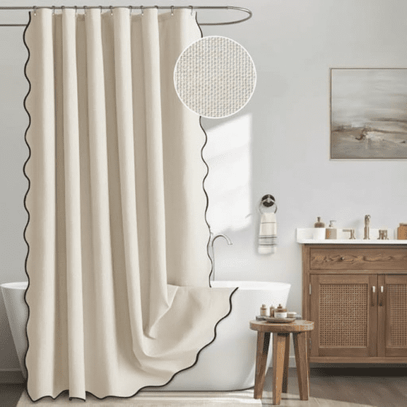 Beige Scalloped Linen Textured Shower Curtain with Black Border, Heavy Duty Waterproof Washable Thick Cloth for Bathroom Bathtub, Includes 12 Metal Hooks, Size 72x72 Inches Cream Neutral