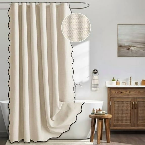 Beige Scalloped Shower Curtain Linen Textured with 12 Metal Hooks Cute Heavy Duty Washable Waterproof Neutral Thick Cloth Shower Curtains with Black Border for Bathroom Bathtub,W72*L72 Cream