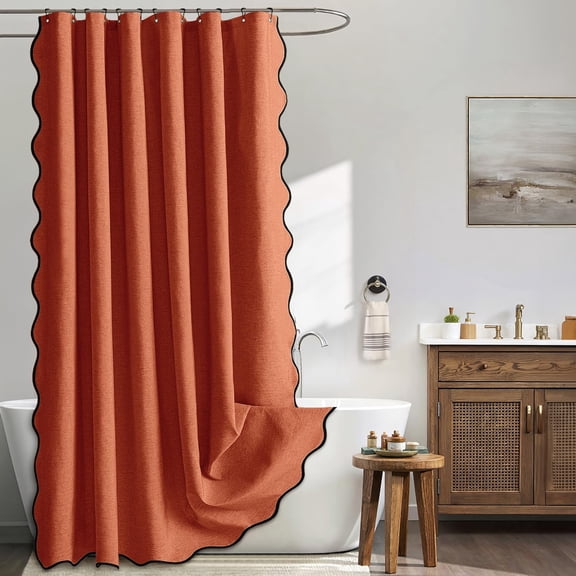 Beige Scalloped Shower Curtain Linen Textured with 12 Metal Hooks Cute Heavy Duty Washable Waterproof Neutral Thick Cloth Shower Curtains with Black Border for Bathroom Hotel Bathtub,W72*L72