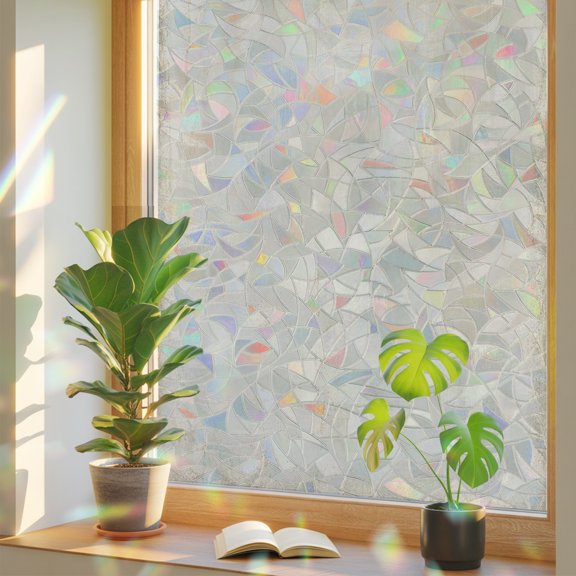 Beige Scratch Window Privacy Film, Alabaster Plaster Base Timber Scratch Celadon Texture Static Cling Stained Glass Window Sticker Decorative Removable Rainbow Film for Glass 17.7”x39.3”
