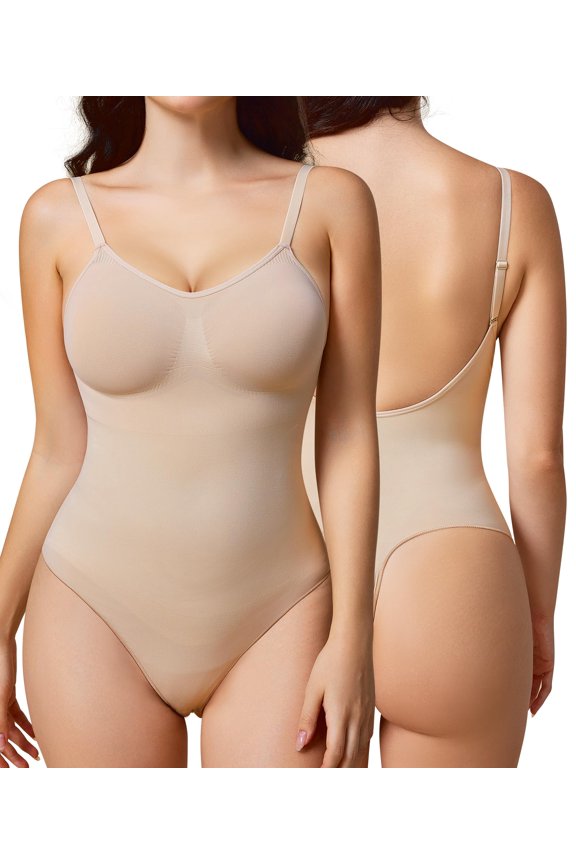 Beige Seamless Backless Shapewear Bodysuit With Tummy Control