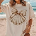 thumbnail image 1 of Beige Seashell Bow Shirt, Beach Shirt, Summer Shirt, Coastal Girly Shirt, Ocean Print Shirt, Summer Girly Bow Shirt, 1 of 5