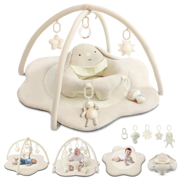 Baby Gym Play Mat, Sitting-up Babies Seats for Infants,with 5 Detachable Toys, Infant Toddler Activity Tummy Time Playmats for Newborn 0-12 Months, Beige