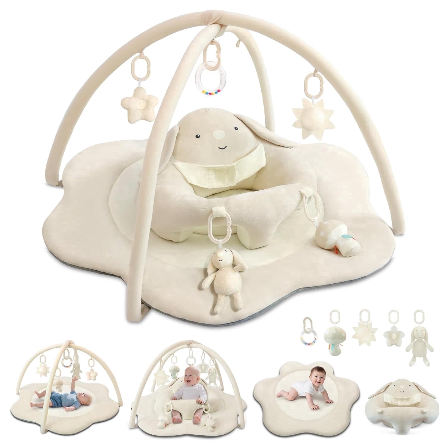 Baby Gym Play Mat, Sitting-up Babies Seats for Infants,with 5 Detachable Toys, Infant Toddler Activity Tummy Time Playmats for Newborn 0-12 Months, Beige