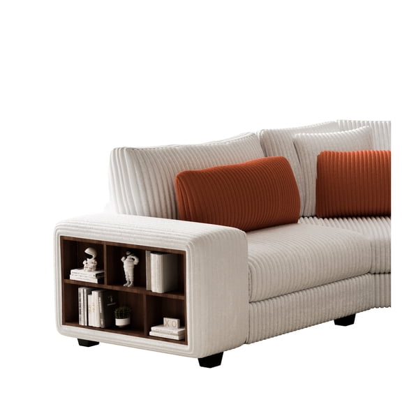 Beige Sectional With Wooden Armrest Locker, And Comfortable 5 Armrest, Construction,