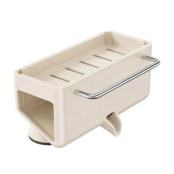 Beige Self Draining Sponge Holder, Suction Cup Kitchen Sink Storage Rack, Countertop Organizer for Sponges, Brushes, Rags, No Drilling, Rustproof