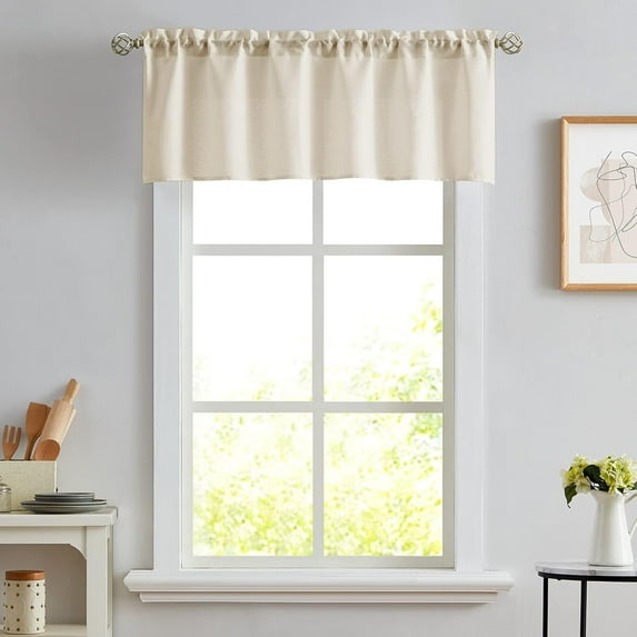 Beige Semi Sheer Curtain Valance for Kitchen Cafe Small Windows Linen Look Rod Pocket, 1 Panel