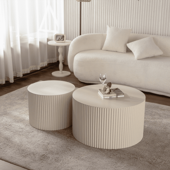 Beige Set of 2 Modern Drum Side Tables with Wave Stripe for Living Room - No Assembly Needed