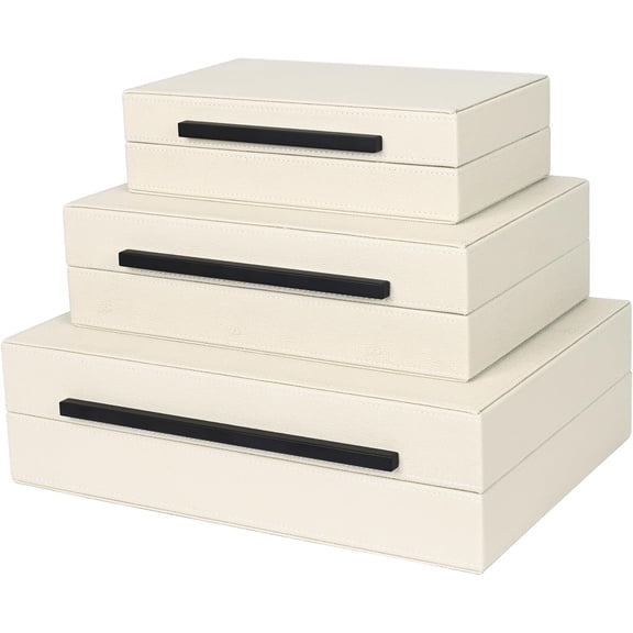 Beige Shagreen Decorative Box Set of 3 - Faux Leather Nesting Storage Boxes with Lids, Large Modern Jewelry Organizer, Stackable Home Decor Box for Bedroom, Bathroom & Office