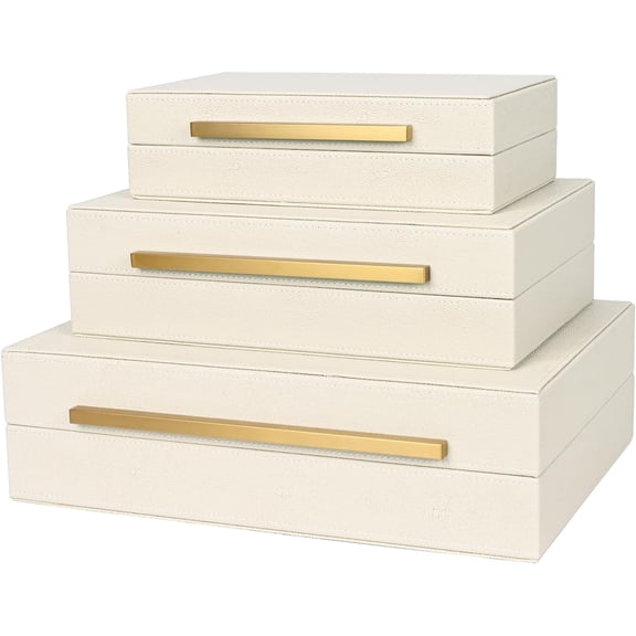 Beige Shagreen Decorative Box Set of 3 - Faux Leather Nesting Storage Boxes with Lids, Large Modern Jewelry Organizer, Stackable Home Decor Box for Bedroom, Bathroom & Office