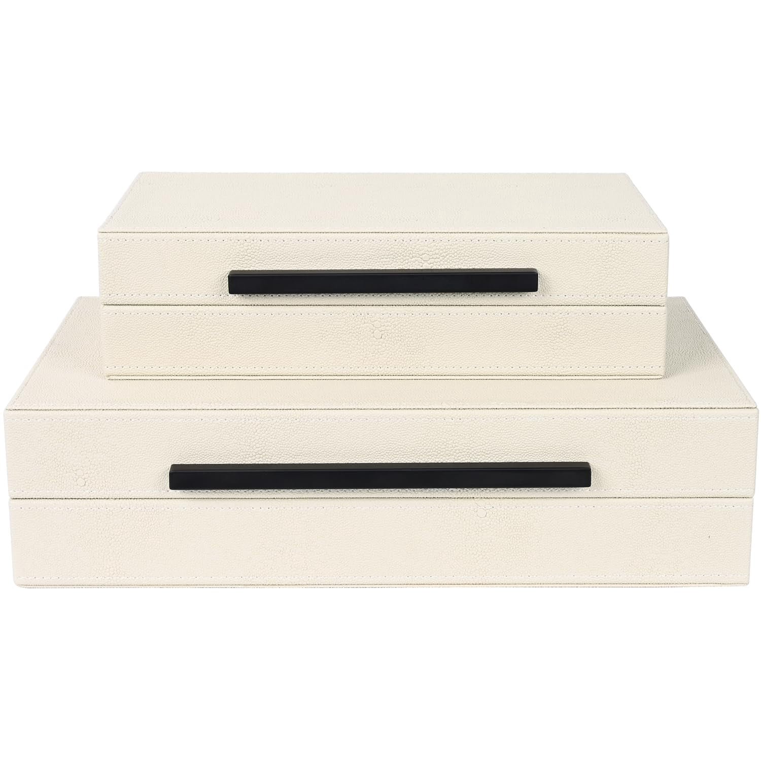 Beige Shagreen Decorative Storage Boxes - Set Of 2 Faux Leather & Memory With Black Metal Handles  Nesting Photo Organizers For Home Decor Gift And Office Organization