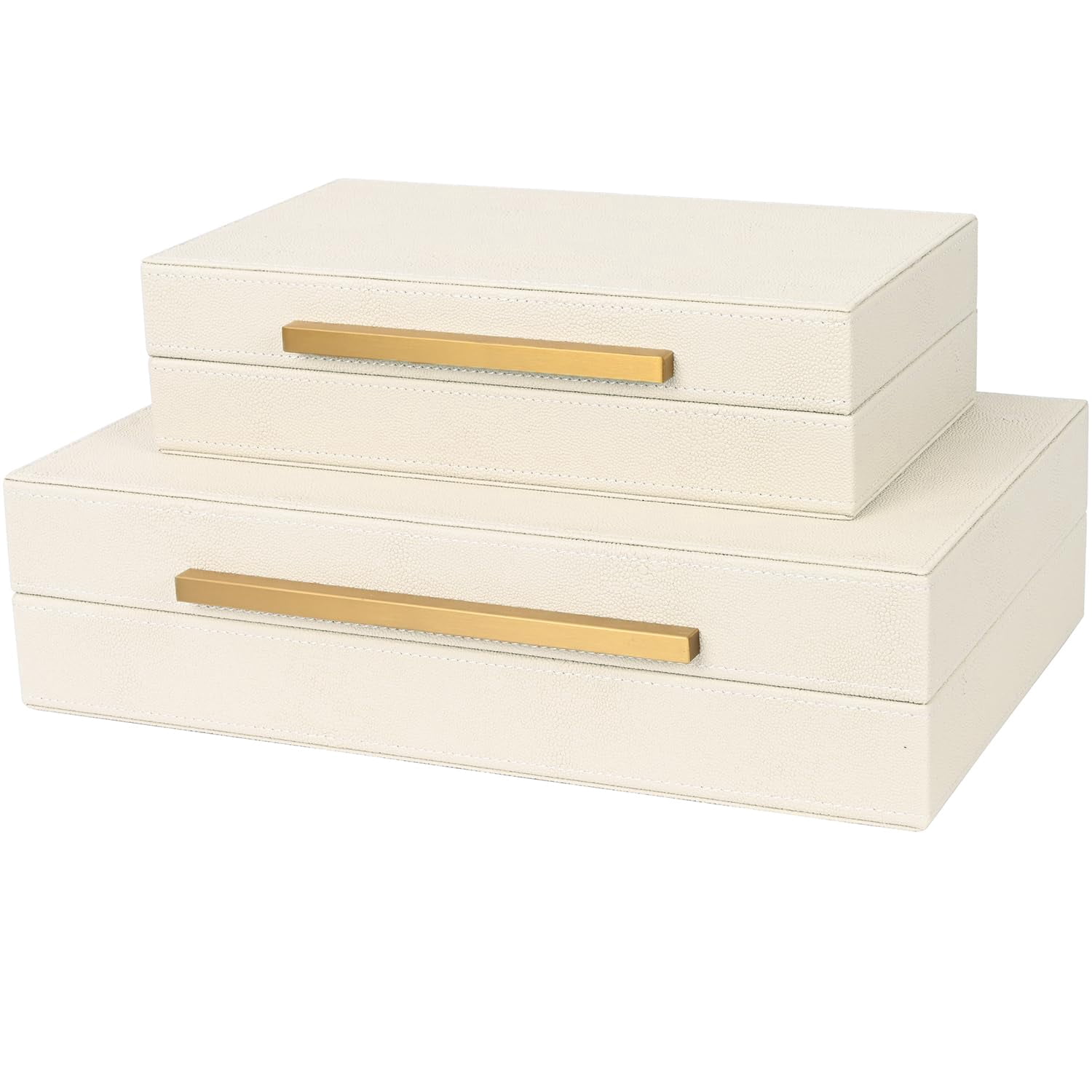 Beige Shagreen Decorative Storage Boxes - Set Of 2 Faux Leather & Memory With Metal Handles  Nesting Photo Organizers For Home Decor Gift And Office Organization