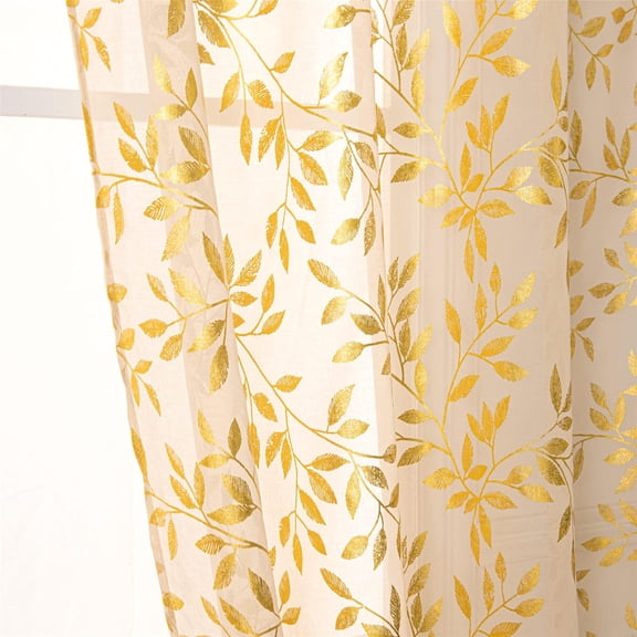 Beige Sheer Curta108 Inches Long For Bedroom Living Room Dining Abstract Metallic Foil Vine Leaves Printen Windows Pair Set W52 X L108 2 Panels