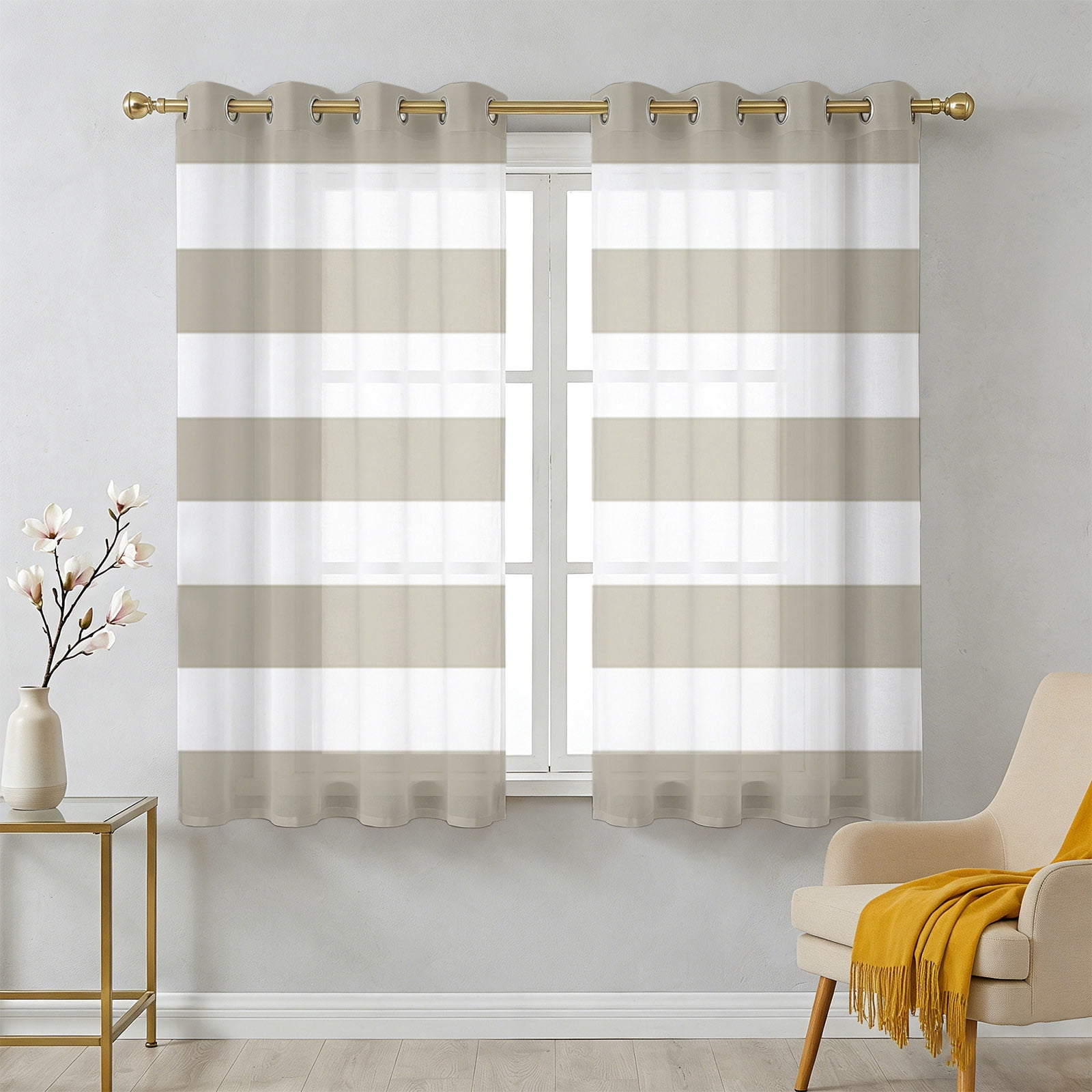 Beige and Sheer Curtains 45 Inch Long 2 Panels, White Stripe Light ...