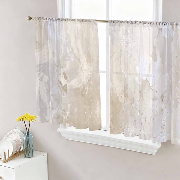 Beige Sheer Curtains 54 Inch Length 2 Panels Set, Modern Minimalism Gradient Abstract Aesthetic Art Voile Window Treatment Rod Pocket Short Kitchen Curtains Drapes for Bedroom 52"x54"x2