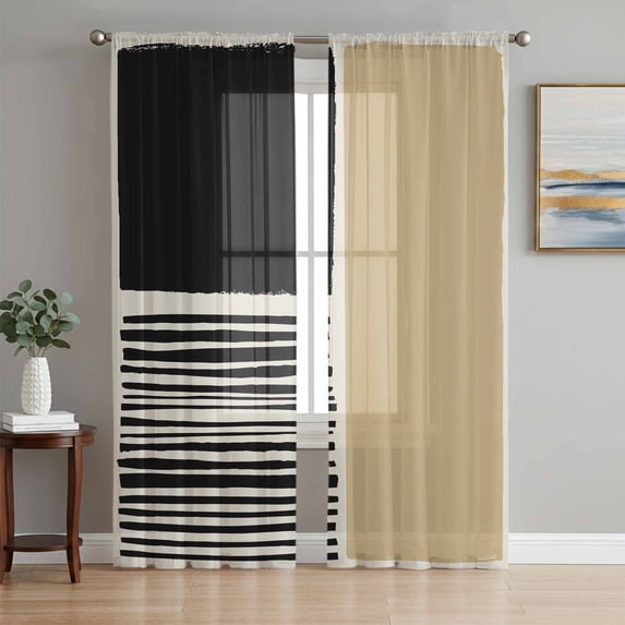 Beige Sheer Curtains 63 Inch Length 2 Panels Set Window Treatments, Modern Abstract Art Farmhouse Striped Rod Pocket Semi Curtains for Living Room/Bedroom/Kitchen Décor, 104"W x 63"L