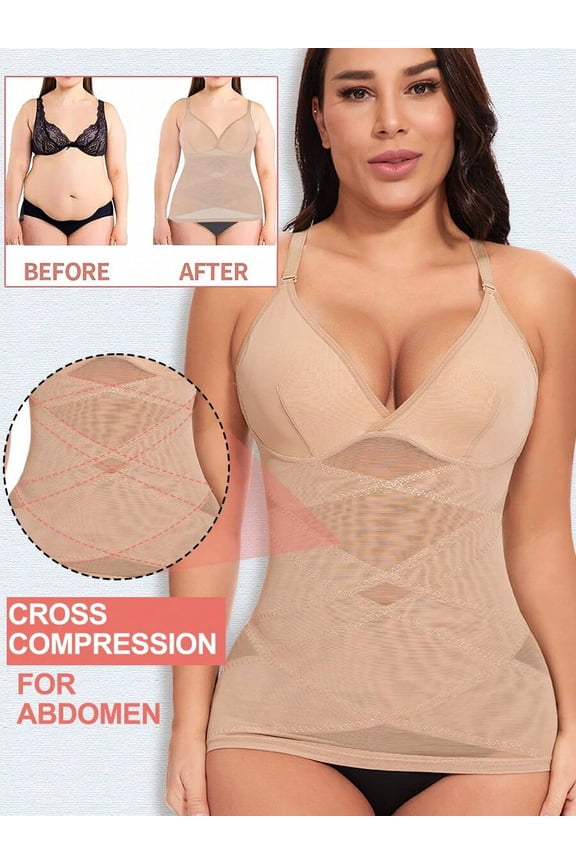 Beige Sheer V-Neck Shapewear Cami With Cross Compression & Tummy Control