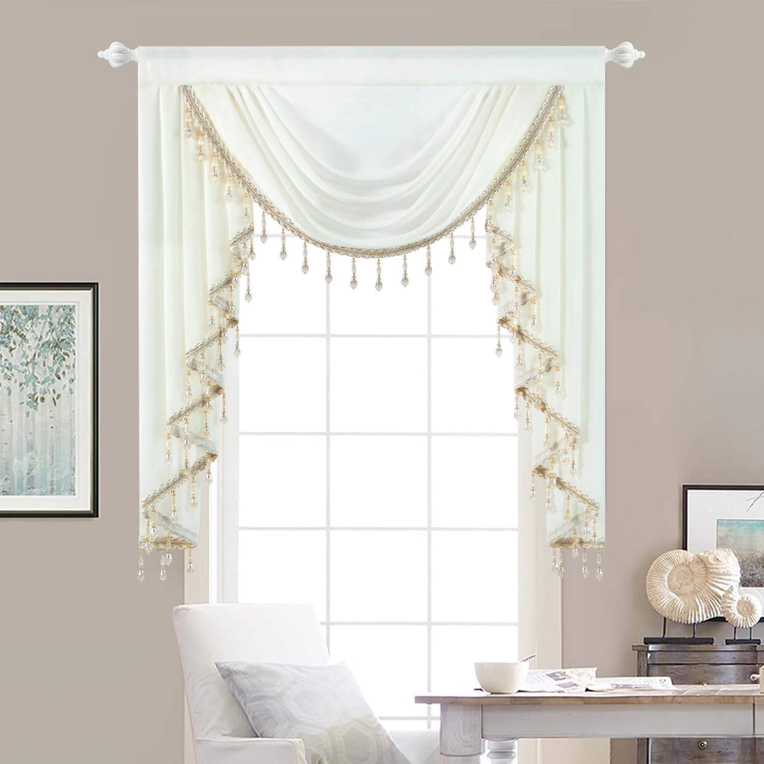 Beige Sheer Voile Valance, Vintage Waterfall Swag with Beaded Fringe, 39" Wide Bohemian Style Curtain for Bedroom & Living Room Windows