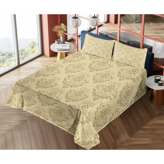 Ambesonne Damask Fitted & Top Sheet Set with Shams, Antique Lace Floral, Beige