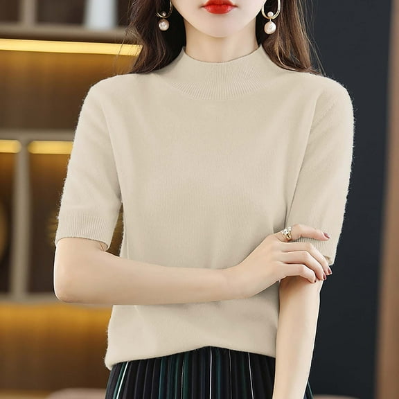 Beige Short Sleeve Shirts for Women Base Sweater Solid Crewneck Knitwear Short Sleeve Pullover Slim Knitted Bottoming Shirt for Autumn Winter Fashion Clothing