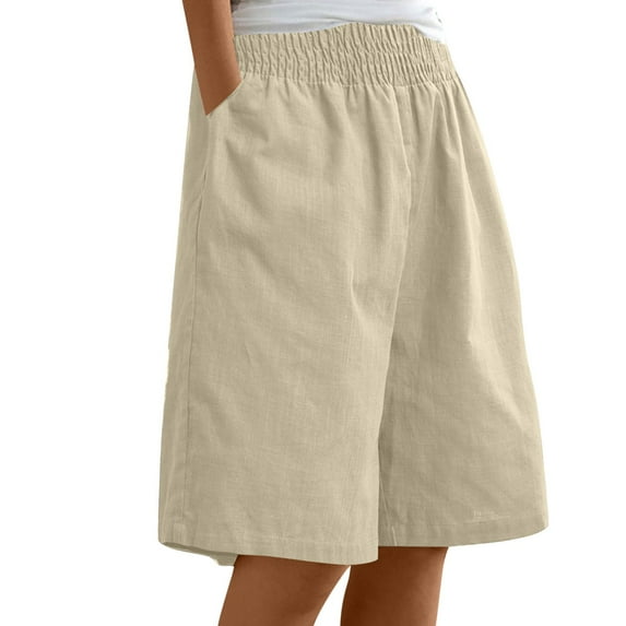 Beige Shorts for Womens Casual Solid Side Pockets Pants Shorts Elastic Waist Pockets Daily Shorts