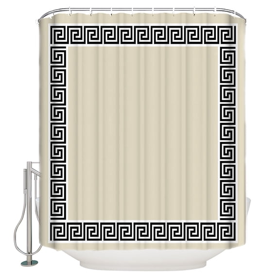 Beige Shower Curtain, 72" x 72", Greek Chinese Style Border Geometric Waterproof Bathroom Curtain Washable Shower Curtain Set with 12 Hooks