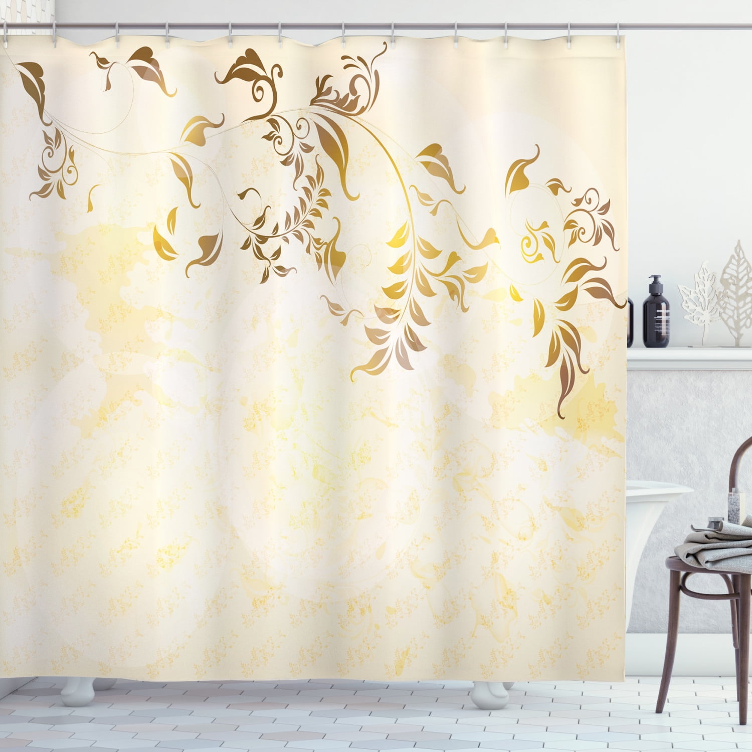 Beige Shower Curtain Antique Classic Backdrop with Curving Branch 