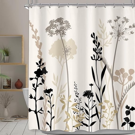 Beige Shower Curtain Cream Tan Floral Taupe Brown Silhouette Flower Boho Wildflower Leaves Plants Botanical Vintage Bathroom Set 12 Hooks 72"W x 84"L