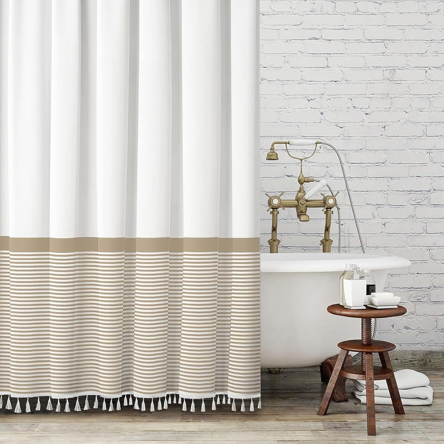 Beige and White Striped Fabric Shower Curtain with Tassels 72x72