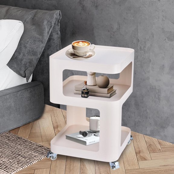 Beige Side Table, 3-Tier Tray Tables with Storage, Metal Tv Trays with Wheels, Bed Table Tray for Living Room