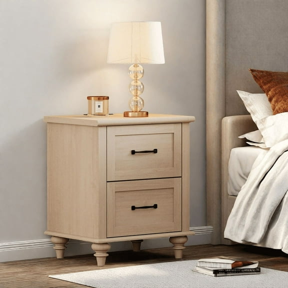 Beige Side Table with 2 Drawers, Elegant End Table with Charging Station, Wooden Nightstand for Bedroom, Living Room