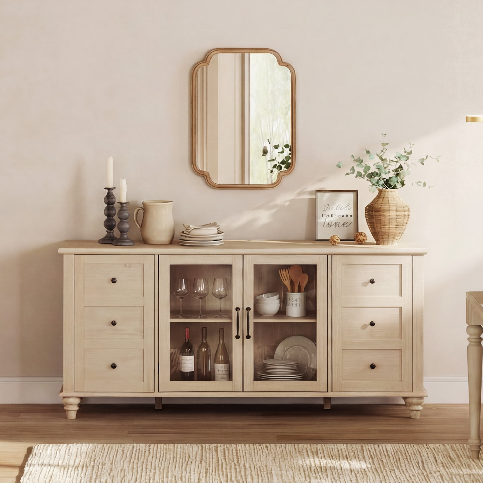 Beige Sideboard with Glass Door, Farmhouse Buffet Cabinet with Storage Shelf for Kitchen Dining Room