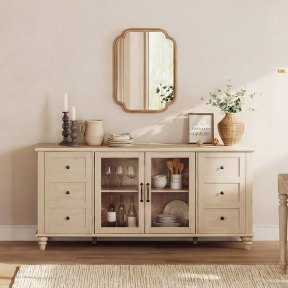 Beige Sideboard with Glass Door, Farmhouse Buffet Cabinet with Storage Shelf for Kitchen Dining Room