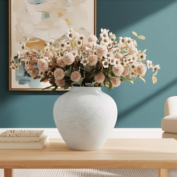 Beige Silk Flower Arrangements Home Decor, Large Floral Centerpieces For Tables, 22 Long Stems Fake Mums + Eucalyptus + Wild Flowers in Bulk