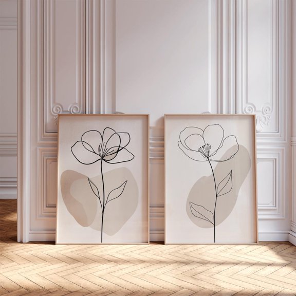 Beige Simple Flowers Art Boho Botanical Prints Trendy Gallery Abstract Line Floral Decor Set 2 Unframed Paper Print 8x12