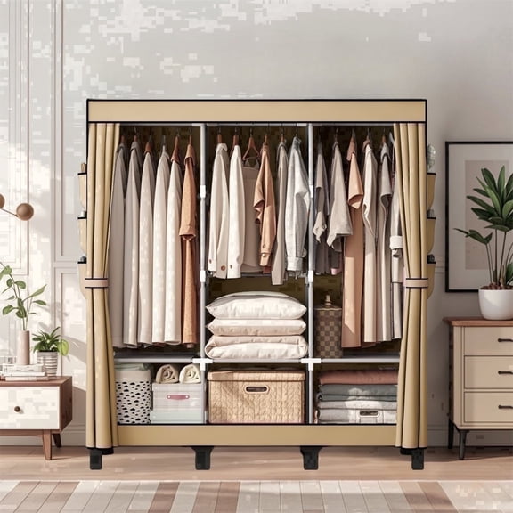 Portable wardrobe, closet, with multiple hanging areas and stacking areas, beige bedroom wardrobe, easy-to-assemble wardrobe, suitable for rooms, bedrooms, rental houses, etc.