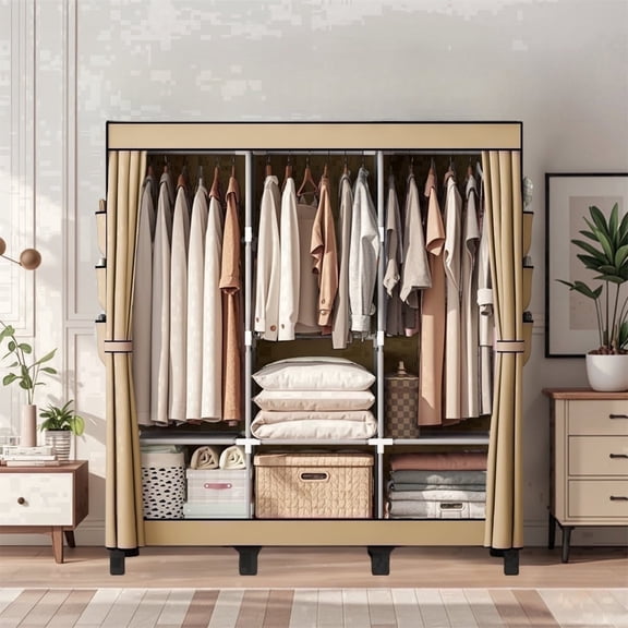Portable wardrobe, closet, with multiple hanging areas and stacking areas, beige bedroom wardrobe, easy-to-assemble wardrobe, suitable for rooms, bedrooms, rental houses, etc.
