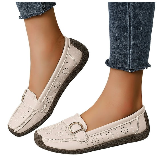 Loafers for Women Classic Leather Square Toe Casual Slip On Flat Dress Shoes Comfortable Hollow Out Soft Sole Walking Shoes Beige Size 8