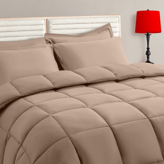 Beige Size Comforter Set - 5 Pieces Bed In A Bag Bedding Sets With All Season Soft Quilted Warm Fluffy Reversible Flat Sheet Fitted 1 Pillow Shams 1 Pillowcases