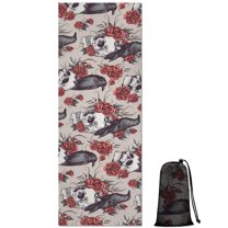 Beige Skull Crow Flower Pattern Hot Yoga Mat Towel Non Slip for Hot Yoga - Quick-Drying Yoga Mat Cover with 4 Corner Pockets with Travel Bag - Hot Yoga Towel Non Slip 70"x26"